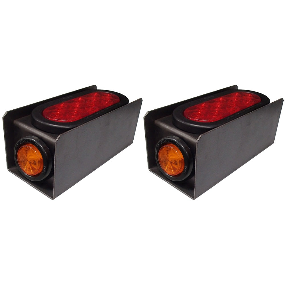 2 Steel Trailer Light Boxes w/6" Oval Red & 2" Round Amber LED Lights +connector