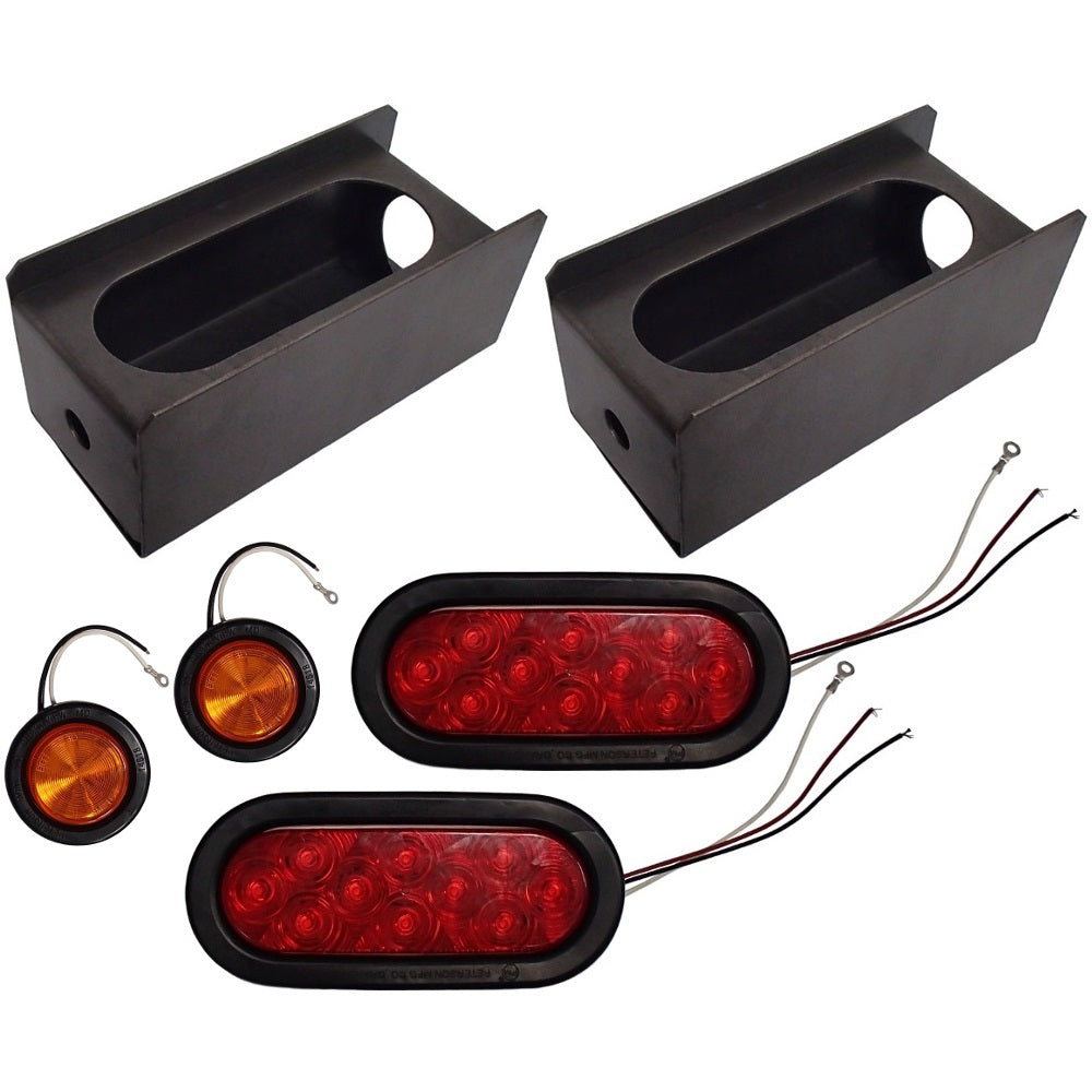 2 Steel Trailer Light Boxes w/6" Oval Red & 2" Round Amber LED Lights +connector