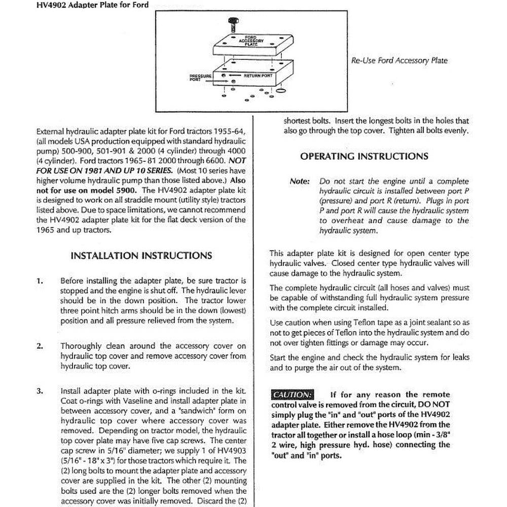 HV4902 Hydraulic Valve Adapter Plate Kit With ORings Fits Ford NH 2000 3000