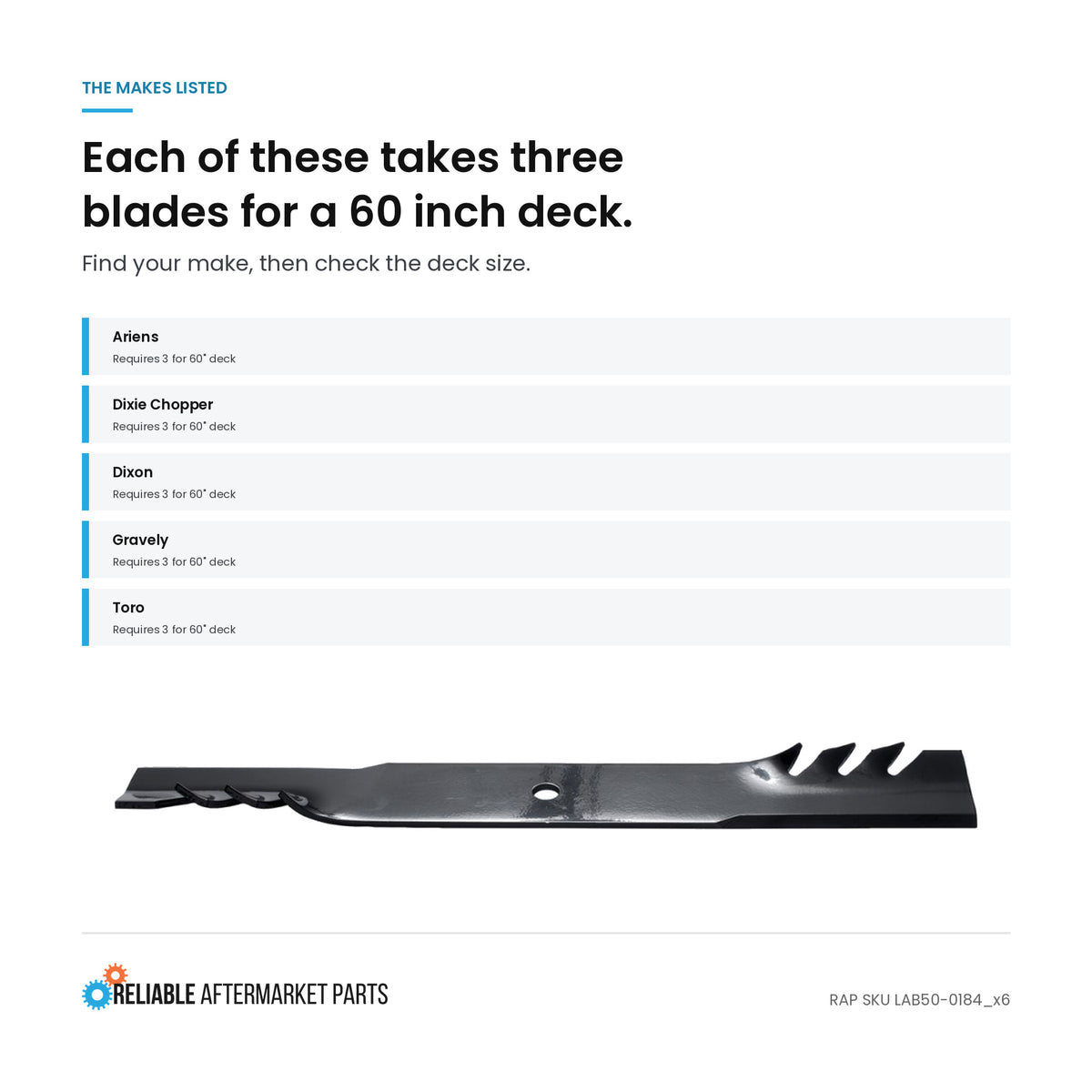 (6) Mulch Blades for 60'' Hustler Mower Raptor SD, FasTrak -Side Discharge