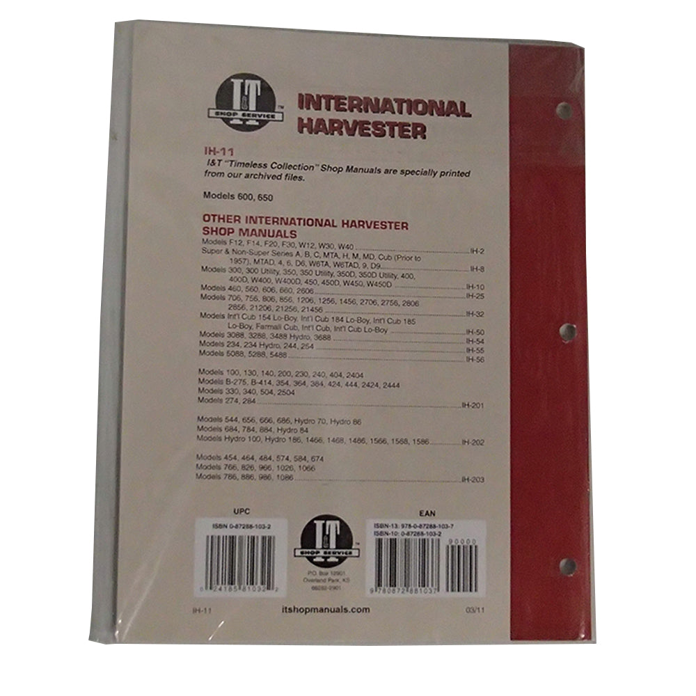 Shop Service Manual I&T IH-11 Fits International Harvester 600 650