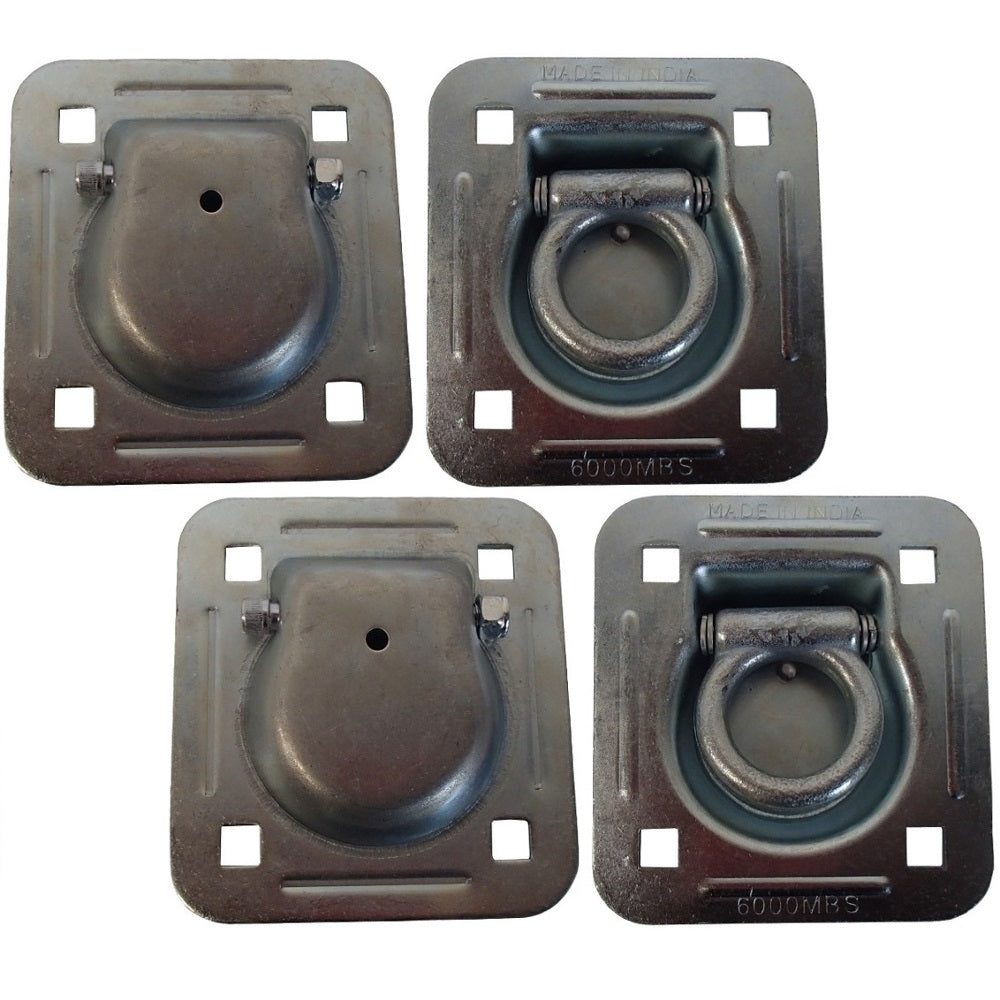4 Pack Chain Rope Tie Down Trailer 4-Bolt Steel Recessed D-Ring 6000# MBS Rated