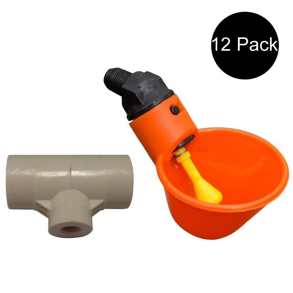 12 Poultry Water Drinking Cups + Pipe Fittings Chicken Coop Drinker Dozen New