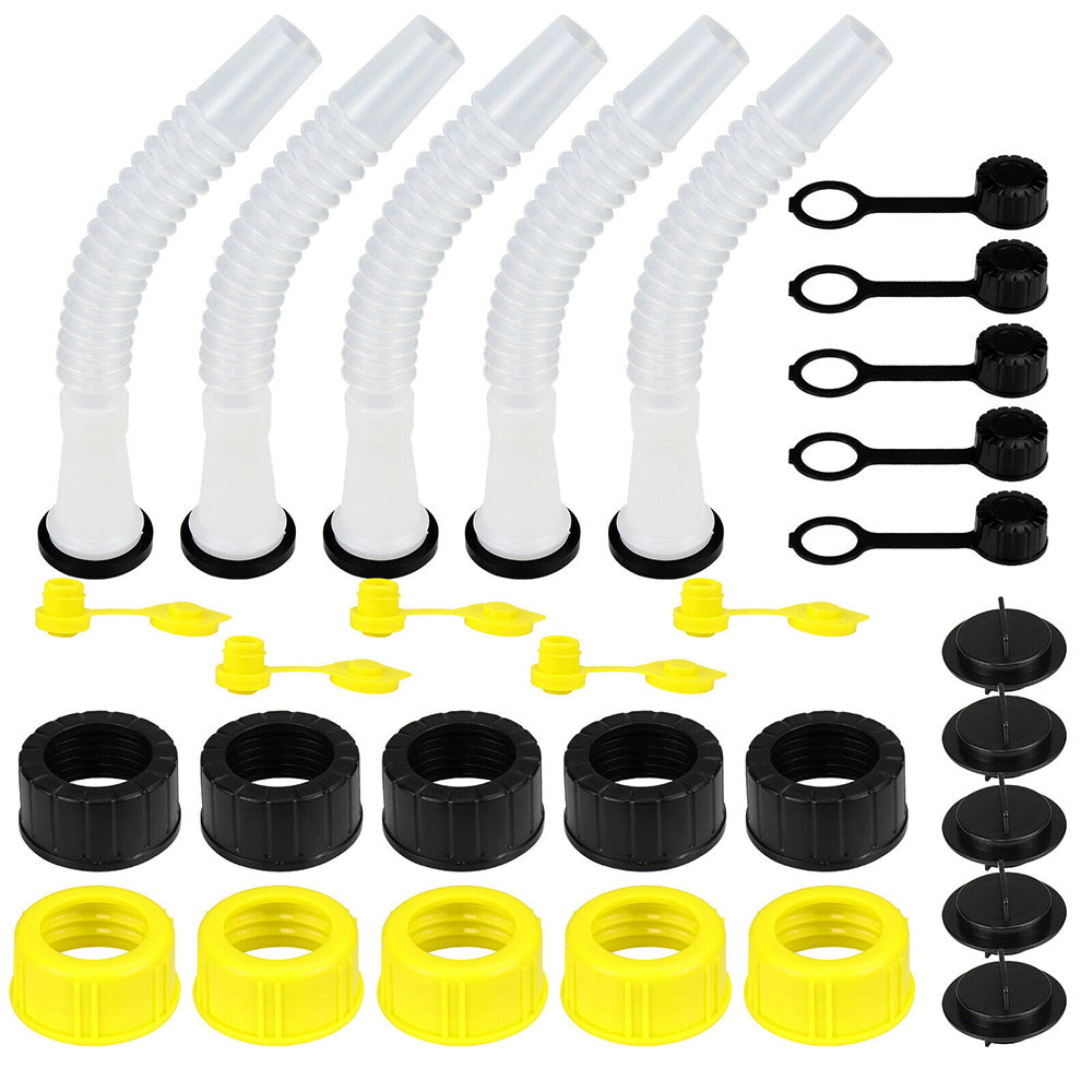 Five New Fuel Container Spouts w Fine/Coarse Caps Vent Plugs Stoppers Stripe Cap