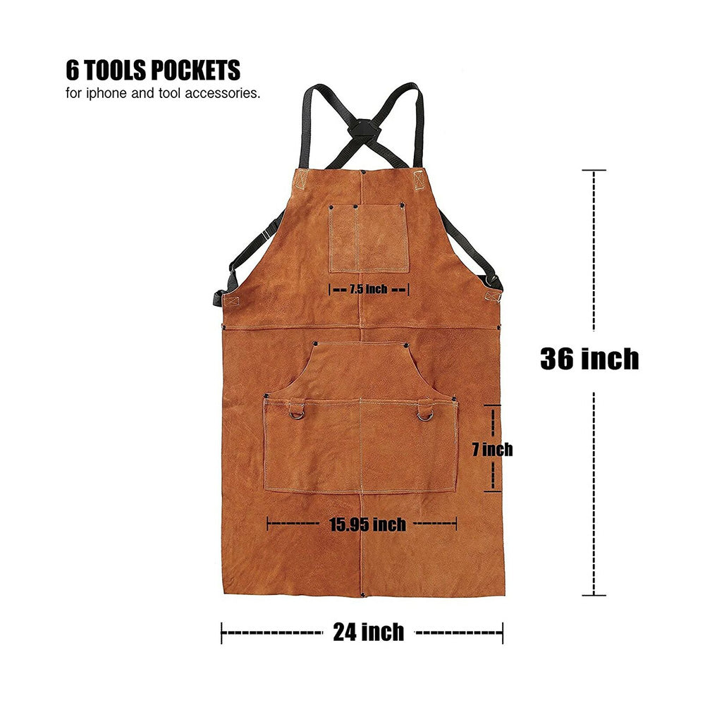 Adjustable Leather Heavy Duty Apron 6 Tool Pockets Heat & Flame Resistant